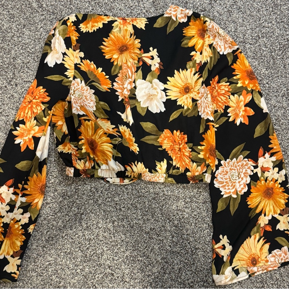 Forever 21 Black Floral Wrap Crop Top with Yellow and Cream Flowers - Picture 7 of 7